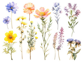 Set of Watercolor bridal wild flowers isolated on white background, AI Generated