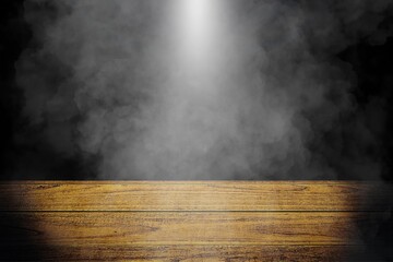 Dark background with floating smoke rising from an empty wooden table - obrazy, fototapety, plakaty