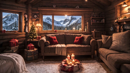 Salon chaleureux d'un chalet avec un sapin et des cadeaux un soir de Noël