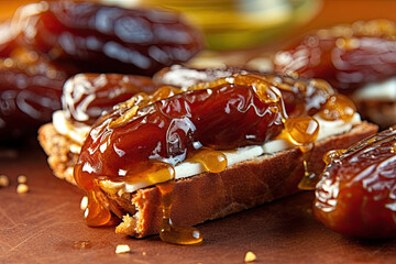 Saudi Arab Dates toast, macro shot of a fresh breakfast with Dripping Honey, AI Generated