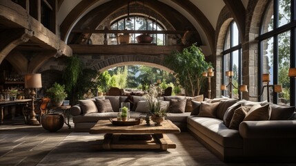 In the interior design of the entrance hall within a country house, an arched ceiling and timber beams contribute to the rustic style - Powered by Adobe