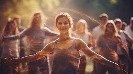 A happy smiling woman in nature is engaged in morning exercise, stretching, yoga or qigong, group exercise in the fresh air.