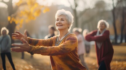 A happy smiling woman aged in nature is engaged in morning exercise, stretching, yoga or qigong, a group lesson for grandmothers in the fresh air.
