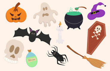 funny Halloween illustrations set pumpkin, ghost, bat, hat, poison, Isolated icons