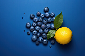 Blueberries and lemon on a blue surface