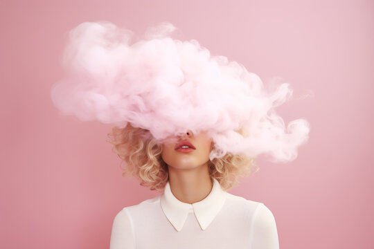 Head In The Clouds: Young Woman With Her Covered In The Pink Cloud On A Pastel Pink Background