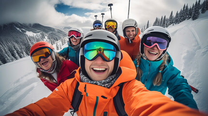 stockphoto, a group of people wearing ski equipment takes a selfie together. Group of friend during ski holiday taking a selfie. Togetherness, happy people. - obrazy, fototapety, plakaty