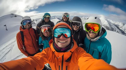 Poster stockphoto, a group of people wearing ski equipment takes a selfie together. Group of friend during ski holiday taking a selfie. Togetherness, happy people. © Dirk