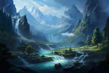 waterfall in the mountains, Generative AI