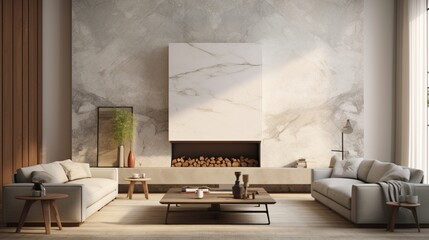 Fine honed marble walls in a modern living room set the stage for a blank poster frame.