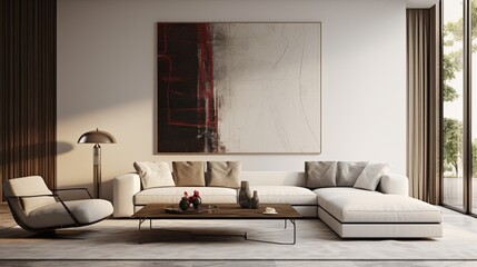 Fine honed marble walls in a modern living room set the stage for a blank poster frame.