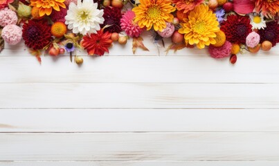 Obraz na płótnie Canvas Autumn flowers frame on wooden background. Seasonal yellow and red flowers. Autumn background. Space for text.