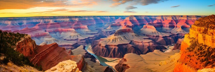 Bird's eye perspective of a grand canyon bathed in golden sunset hues. generative AI