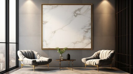 Illustrate a luxurious mockup of a poster frame on a polished marble wall in a high-end penthouse with designer furniture. - obrazy, fototapety, plakaty