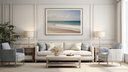 Illustrate a mockup poster frame on a fine-honed marble wall in a coastal-themed living room with nautical furniture.