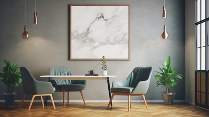 Illustrate a mockup poster frame gracing a rough-honed marble wall in a contemporary office space, accented with industrial-style furniture and decor.