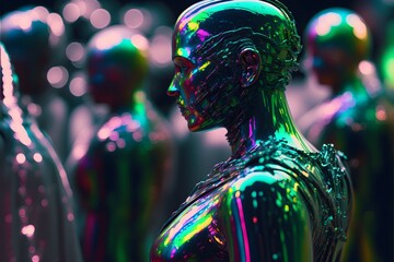 huge crowd of humanoid made of glass wearing and RGB Transparent metal lacquer surface reflection neon scifi background made of transparent PVC material glass texture realistic hyper minimalist 
