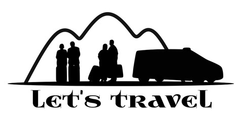 Traveler full body silhouette. Elderly friends, seniors with suitcase, tourists, mountain landscape, taxi car transport. Black vector illustrations isolated on white background.