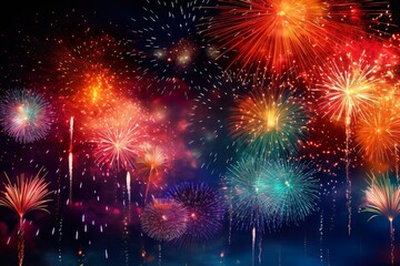 Fototapeta premium HAPPY NEW YEAR 2024 - Firework silvester New Year's Eve Party festival celebration holiday background banner greeting card - Closeup of colorful fireworks pyrotechnics in the night | Generative AI