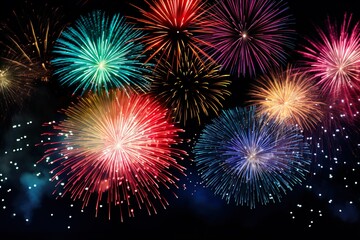 Fototapeta premium HAPPY NEW YEAR 2024 - Firework silvester New Year's Eve Party festival celebration holiday background banner greeting card - Closeup of colorful fireworks pyrotechnics in the night | Generative AI