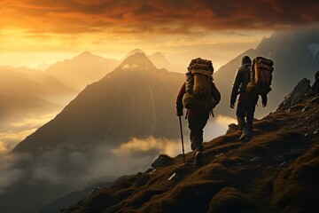A group of people or friends hiking on a mountain - obrazy, fototapety, plakaty