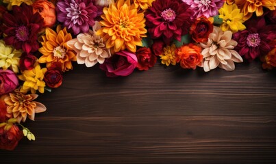 Autumn flowers frame on wooden background. Seasonal yellow and red flowers. Autumn background. Space for text.