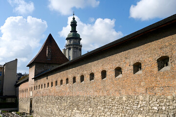 Fototapeta na wymiar Hlyniany Gate and Bernardine Monastery and Church in city of Lviv, Ukraine.