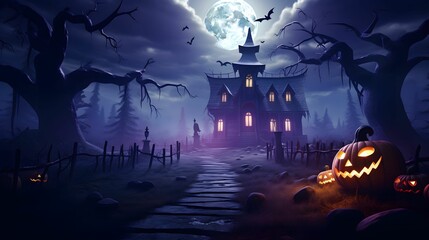 Halloween background with pumpkins and haunted house - 3D render. Halloween background with Evil Pumpkin. Spooky scary dark Night forrest. Holiday event halloween banner background concept