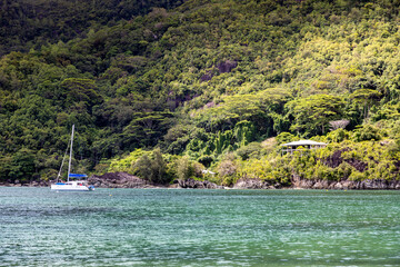 A sailboat sails off the coast of Seychelles with mountains in the background with a tropical jungle