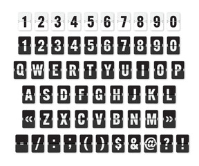 Airport board font. Realistic flip score board airport template. Countdown board alphabet and numbers. Qwerty keyboard analog font on white background.
