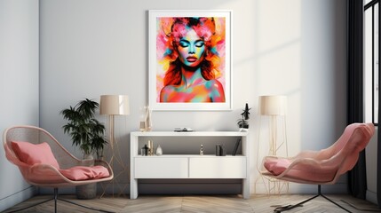 Chic mockup poster frame hanging on a sawed marble wall in an artfully designed office room featuring eclectic furniture and a Bohemian vibe.