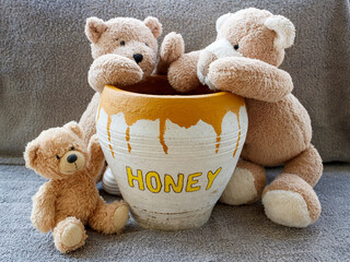 Three teddy bears around big honey pot