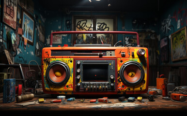 Stereo Boombox Surrounded by Graffiti - obrazy, fototapety, plakaty