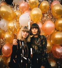 Crazy New Year party, New Year's Eve with friends with confetti and alcohol, dancing, laughter and joy. Beautiful young girls, friends during holidays.