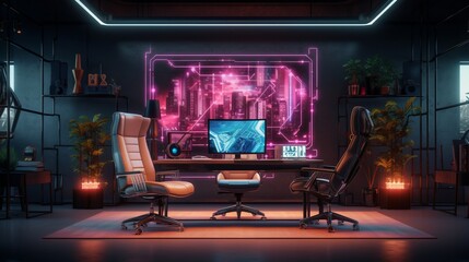 futuristic mockup poster frame in a cyberpunk-inspired office with neon-lit, industrial furniture.