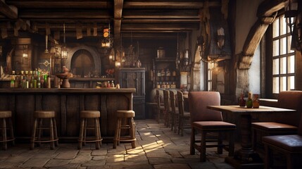 Imagine a mockup poster frame in a medieval tavern with rustic, wooden furniture.