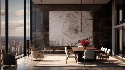 Imagine a mockup poster frame on a fine-honed marble wall in a high-rise penthouse with sleek, contemporary furniture. - obrazy, fototapety, plakaty