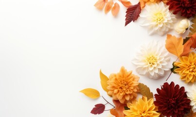 Obraz premium Autumn flowers frame on wooden background. Seasonal yellow and red flowers. Autumn background. Space for text.