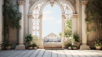 Fototapeta na wymiar Imagine a serene mockup poster frame on a fine-honed marble wall in a Mediterranean-style courtyard with wrought-iron furniture.