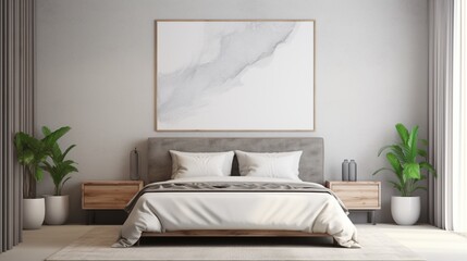 In a modern bedroom with an antique twist, a mockup poster blank frame hangs on an antiqued marble wall.
