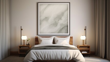 In a modern bedroom with an antique twist, a mockup poster blank frame hangs on an antiqued marble wall.