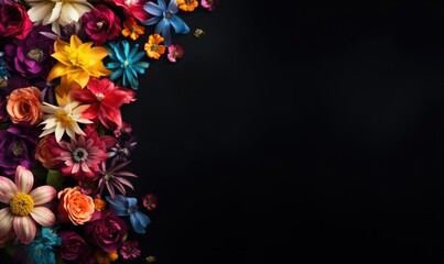 Obraz premium Autumn flowers frame on wooden background. Seasonal yellow and red flowers. Autumn background. Space for text.