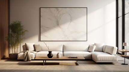 In a modern living room with fine honed marble walls, a blank poster frame hangs above a sleek sofa.