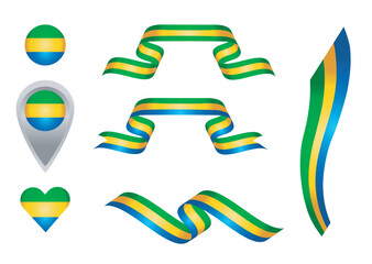 Illustration of colored ribbons, ball, map pointer and heart. Green, yellow and blue alluding to heraldic colors of Brazil Flag. Vector isolated on transparent background