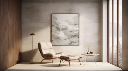 In a Scandinavian-inspired canal room, a blank poster frame hangs on a rough honed marble wall.