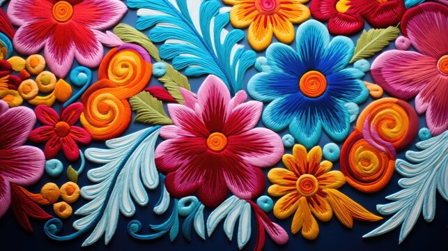 close-up fabric texture with embroidered Mexican cactus, flowers, and geometric pattern