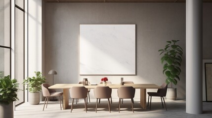 In a Scandinavian-inspired modern meeting room, a blank poster frame hangs on a rough honed marble wall.