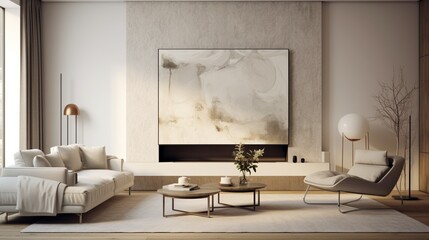 In a Scandinavian-inspired modern living room, a blank poster frame hangs on a rough honed marble wall.