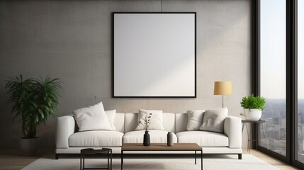 o A Mockup poster blank frame, hanging on marble wall, above glass-top coffee table, Contemporary penthouse