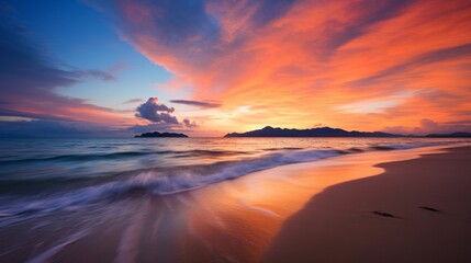 Fototapeta na wymiar A mesmerizing seascape in Thailand, where the tranquil beach meets the orange-hued horizon under the twilight sky, creating a stunning coastal landscape
